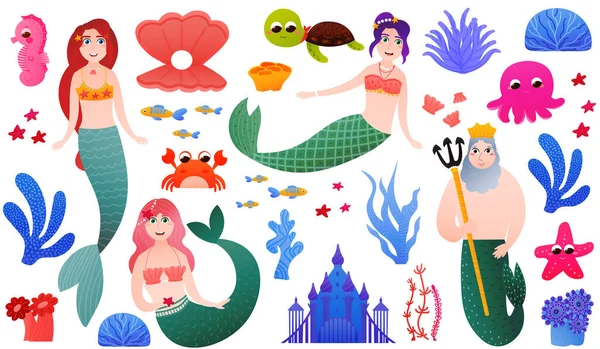 卡通风格和水下动植物的一组五彩缤纷的美人鱼人物 海草和珊瑚 儿童设计所需的海洋生物元素 以白色背景隔离 — 图库矢量图片
