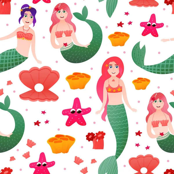 卡通画风格的水下神话人物 色彩斑斓的海藻和白色背景的海星 用于床上用品或包装纸的美人鱼无缝图案 — 图库矢量图片