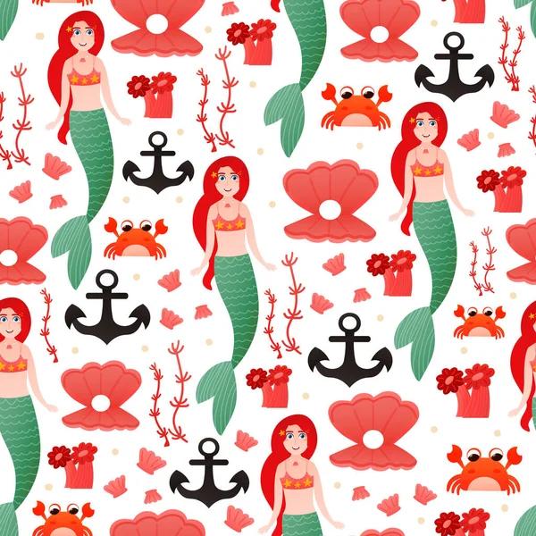 儿童纺织或包装纸用无缝图案,海洋风格,有五彩斑斓的美人鱼公主,螃蟹 — 图库矢量图片