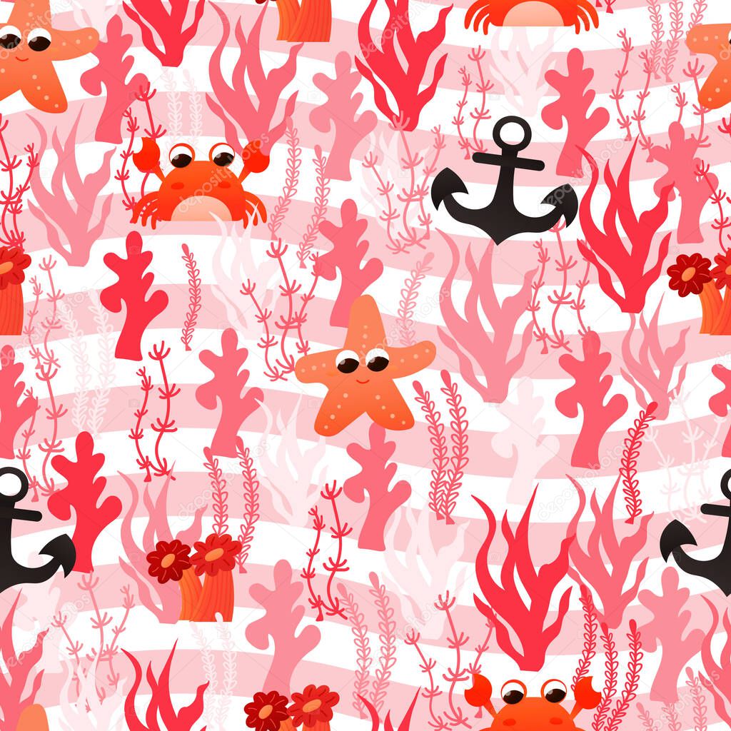 Marine seamless pattern with seaweeds anf underwater fauna in cartoon style with pink stripes, colourful wallpaper