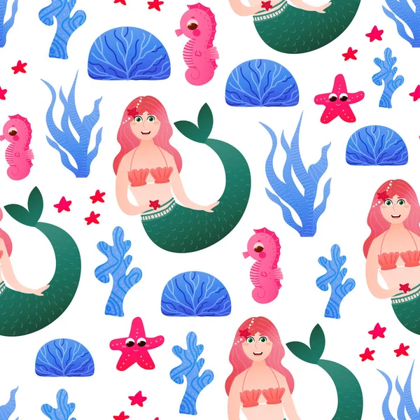 美人鱼和海马,无缝隙图案,用于床上用品或包装纸,白底有五颜六色的海藻 — 图库矢量图片