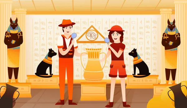 Şirin kadın ve erkek arkeolog Mısır piramidini çıkardılar, Anubis 'in kabartmasıyla karikatür tarzında firavun mezarı.