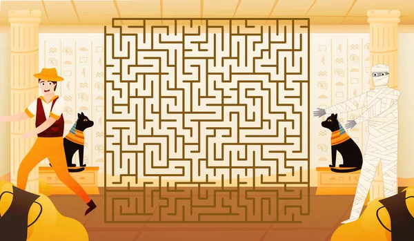 Karikatür tarzında mumyadan kaçmaya çalışan arkeolog çocuklar için renkli bir bilmece labirenti.