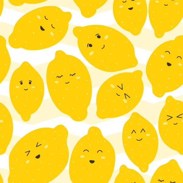 Söta citronansikten sömlösa mönster för barn textil eller omslagspapper, kawaii frukt tecken utsmyckade för kök — Stock vektor