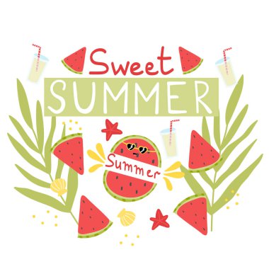 Sweet summer greeting card with lettering and cute watermelon faces with starfish, tropical elements