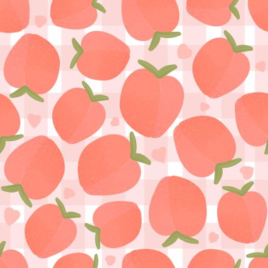 Mutfak tekstili, ambalaj kağıdı ya da parmak izi, el yapımı meyve duvar kağıdı, yaz motifi, beyaz arka planda tatlı tasarım için işaretlenmiş şeftali deseni.