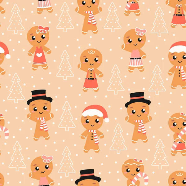 Söta pepparkakor med julafton sömlöst mönster på ljus bakgrund för textil, tryck — Stock vektor