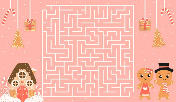 Zencefilli adam ve evi olan çocuklar için renkli Noel bilmecesi, doğru yolu bulmaya yardım etmek, çocuk kitapları için labirent