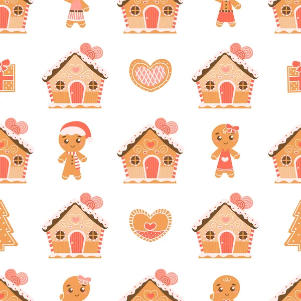 Jul pepparkakor man och hus sömlös mönster på vit bakgrund, färgglada omslag papper design — Stock vektor