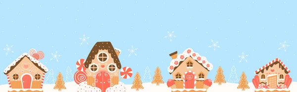 Noel zencefilli evleri kurabiyeler mavi arka planda, Noel ağacı ve kar taneleri, kış manzarası. — Stok Vektör