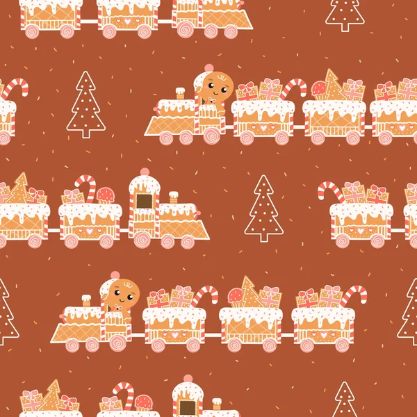 Julklappspapper design med gingerman och Santa express i tecknad stil sömlös mönster för barn textil — Stock vektor