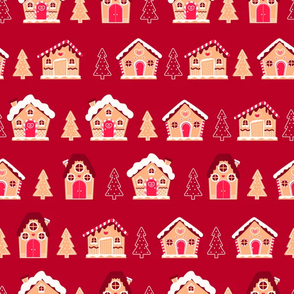 Πολύχρωμα Σπίτια Μελόψωμο Και Χριστουγεννιάτικο Δέντρο Αδιάλειπτη Μοτίβο Για Χαρτί — Διανυσματικό Αρχείο