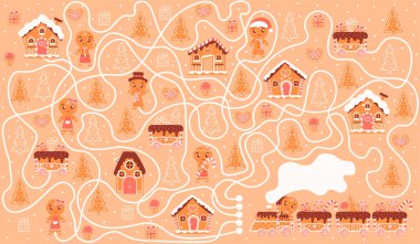 Renkli zencefilli karakterli çocuklar için bir masa oyunu bul. Antrenman, çizgi film tarzı evler, hediyeler dağıtmaya yardım et. Tatlı bisküvi şehrinin Noel haritası, şeker bilmecesi.