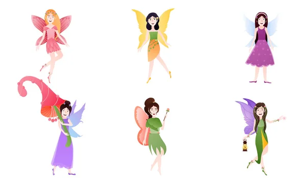 Ensemble Fées Girly Style Dessin Animé Avec Baguettes Volant Dans — Image vectorielle