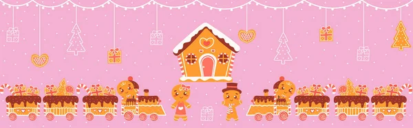 Maison Pain Épice Personnages Avec Train Biscuits Pour Carte Vœux — Image vectorielle
