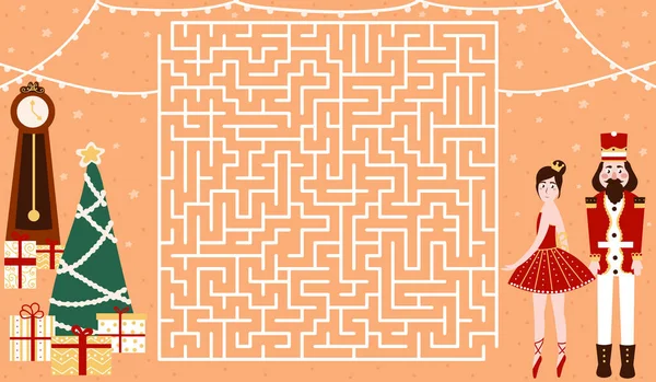 Çocuk kitapları için Noel etkinliği, fındıkkıran ve balerin ile labirent, xmas arifesi, basılabilir çalışma tablosu