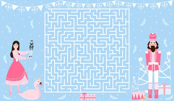 Labyrinthe pour livre d'activités de Noël pour enfants avec ballerine et casse-noisette sur fond bleu, feuille de travail imprimable — Image vectorielle