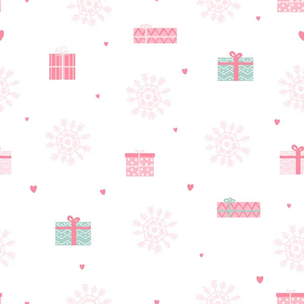 Χριστουγεννιάτικο μοτίβο χωρίς ραφή με κουτιά δώρων, νιφάδες χιονιού και καρδιές για χαρτί περιτυλίγματος ή ύφασμα σε παιδικό στυλ — Διανυσματικό Αρχείο