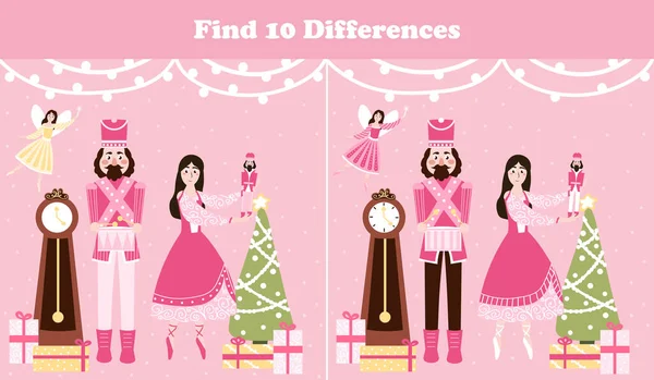 Christmas logical game, find ten differences riddle for children books with nutcracker character and ballerina, fairy — Stock Vector