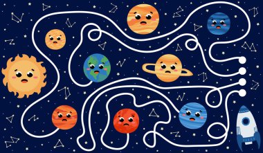 Güneş sistemi gezegenleri olan çocuklar için dünya oyununun doğru yolunu bulmak, uzay gemileri, uzay roketleri, yıldızlar, basılabilir çalışma tablosu, galaksi temalı bulmaca