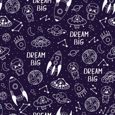 Uzay gemileri, gezegenler, rüya büyük harfler, çocuklar için uzaylı sevimli canavarlar yatak örtüsü, farbric ya da kozmik süsleme üzerine duvar kağıdı