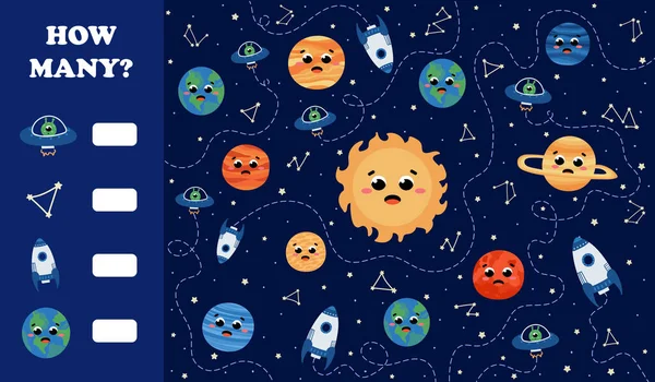 Pedagogiska Räkna Spel För Barn Med Planeter Solsystemet Matematik Gåta — Stock vektor