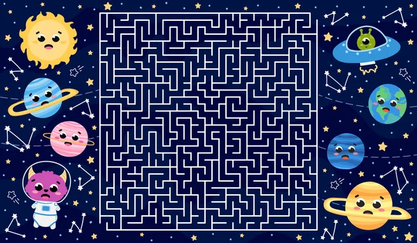 Tatlı gezegenlerle uzay labirenti oyunu, çocuklar için çizgi film tarzında uzaylı canavarları, çocuk kitapları için evren temalı elementlerle basılabilir çalışma tablosu.