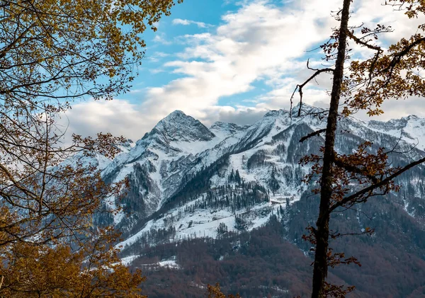 Вид на пейзаж через осенний лес на высокие горы в снегу. Переход от осени к зиме. — стоковое фото