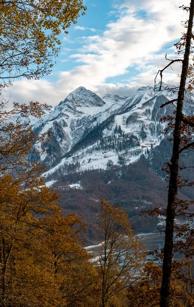 Vista del paisaje a través del bosque de otoño a las altas montañas en la nieve. Transición de otoño a invierno. Imágenes de stock libres de derechos