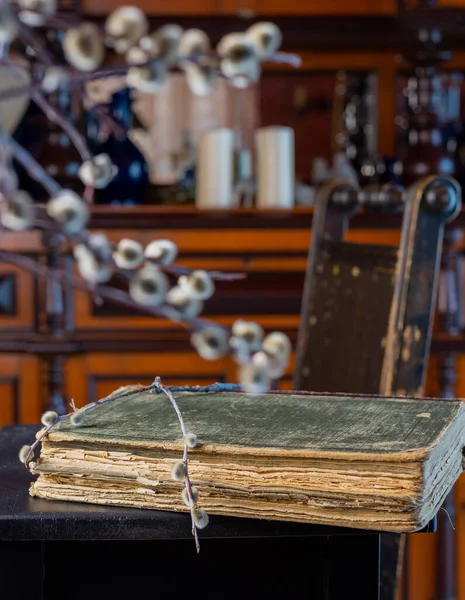 Alte Bibel auf einem Stuhl und einem Weidenzweig — Stockfoto
