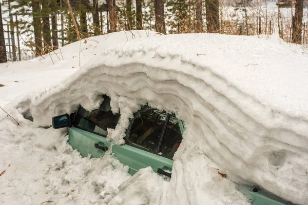 A passenger car, covered with snow, stood all winter in the street parking