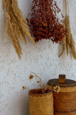 Şifalı bitkiler ve huş ağacı kabuğu kutuları beyaz bir duvara karşı