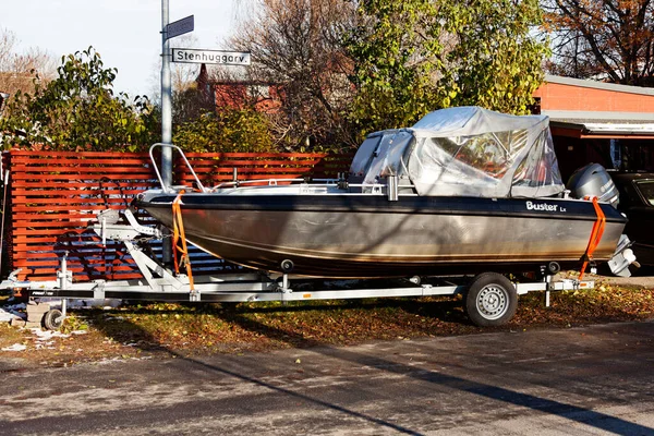 Umea Norrland Sweden October 2020 Boat Loaded Wagon Winter — Stock Photo, Image