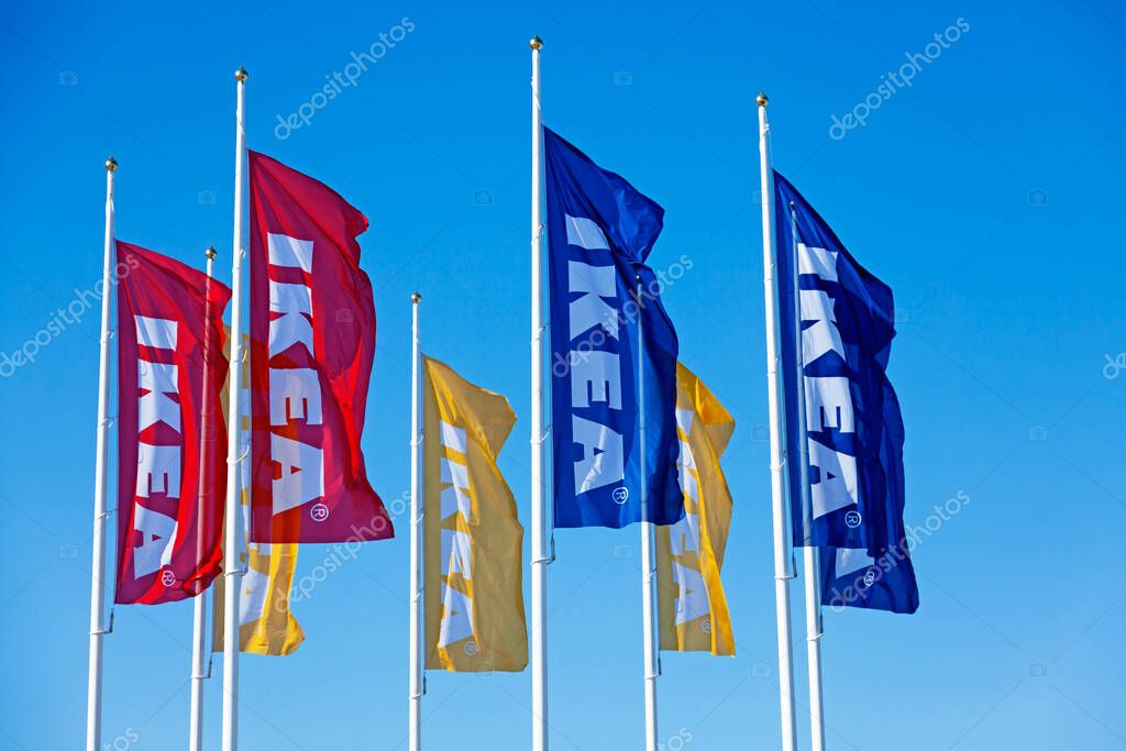 Umea, Norrland Sweden - March 25, 2021: flags of well-known brand selling furniture