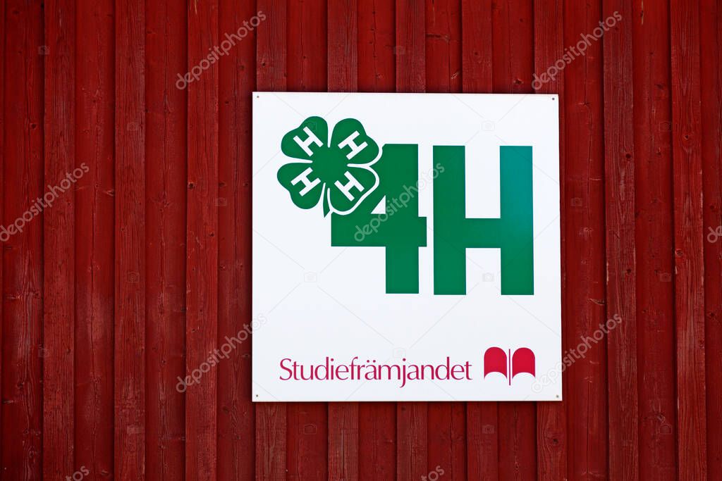 Umea, Norrland Sweden - July 2, 2021: sign with the text: 4H study promotion