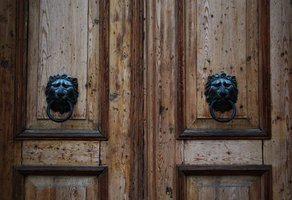 Madeira Vintage Brown Door Leão bate — Fotografia de Stock