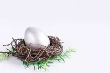 Paskalya bayramı kompozisyonu. Dal yuvasındaki gümüş renkli yumurta, beyaz arka planda. Paskalya düzlüğü. Kopyalama alanı.