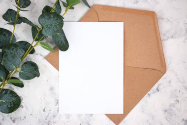 Beyaz kart, zarf ve beyaz mermer arka planda okaliptüs dalı. Boş davetiye. Düz yatıyordu.