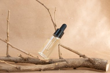 Bir komedi cam şişesi ve pastel arka planda kurumuş ahşap bir ağaç dalları. Cilt bakım ürünleri ambalaj tasarımı. Spa konsepti.