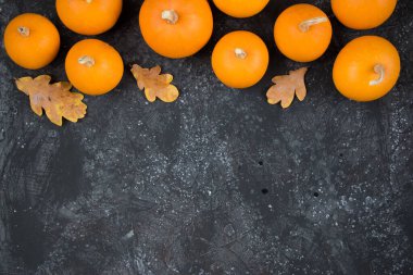 Siyah bir arka planda balkabaklarının şenlikli sonbahar dekoru. Şükran Günü ya da Cadılar Bayramı konsepti. Kopya alanı olan düz sonbahar kompozisyonu