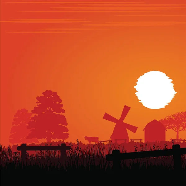 ฟาร์มในพระอาทิตย์ตกดิน — ภาพเวกเตอร์สต็อก