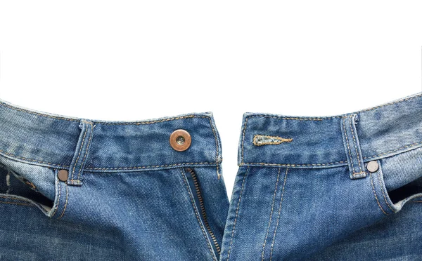 Close up de jean azul desabotoado isolado no fundo branco — Fotografia de Stock