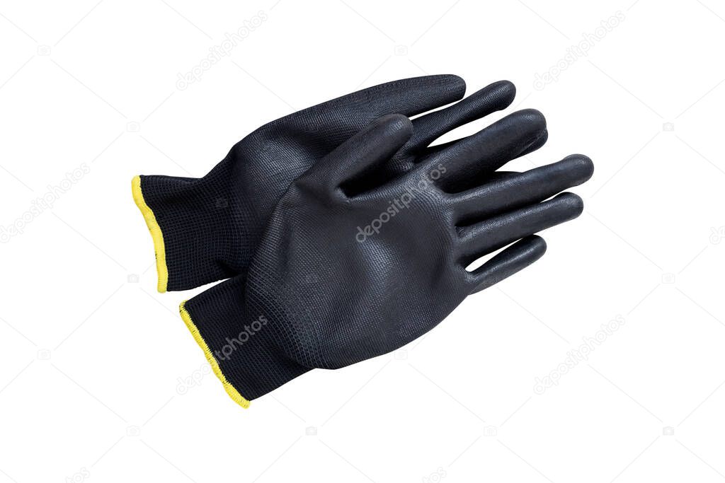 black polyester gloves coated with polyurethane isolated on a white background