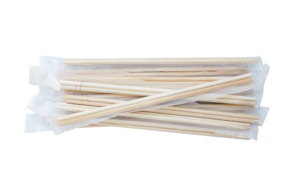 Tek kullanımlık Bambu Çubukları Plastik Çuvalda Beyaz Arkaplanda İzole Edildi
