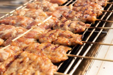 Grilled Pork Skewers on Stove. Thai street food 