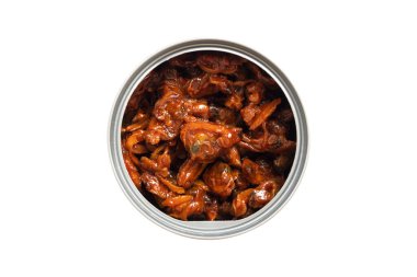 stir fried baby clam meat with chili paste in tinned isolated on a white background