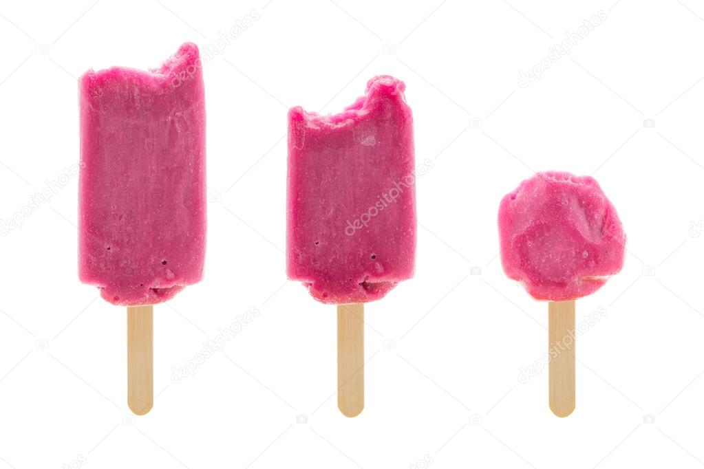 set of bitten purple popsicle isolated on white background