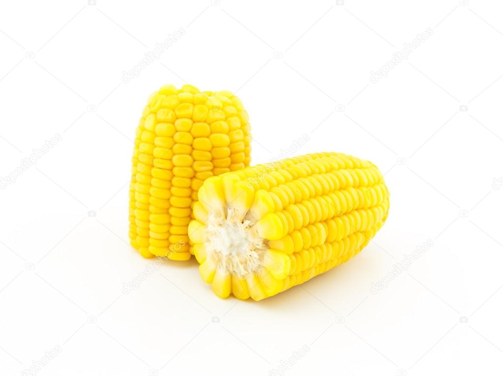 half of boiled corn on white background