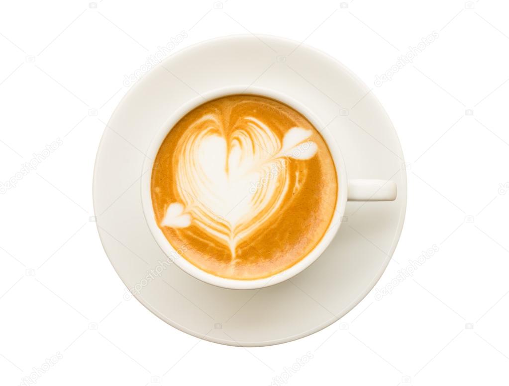 Heart drawing on cup of coffee isolated on white background