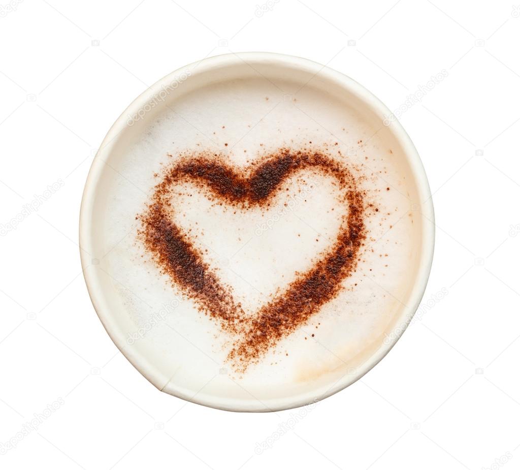 Cup of coffee with heart shaped make from cocoa powder isolate o
